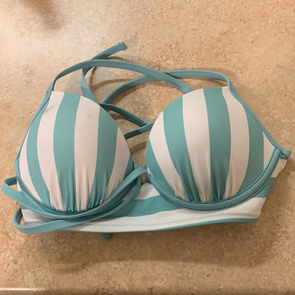 New Teal blue & white 34B Underwire Bikini Top